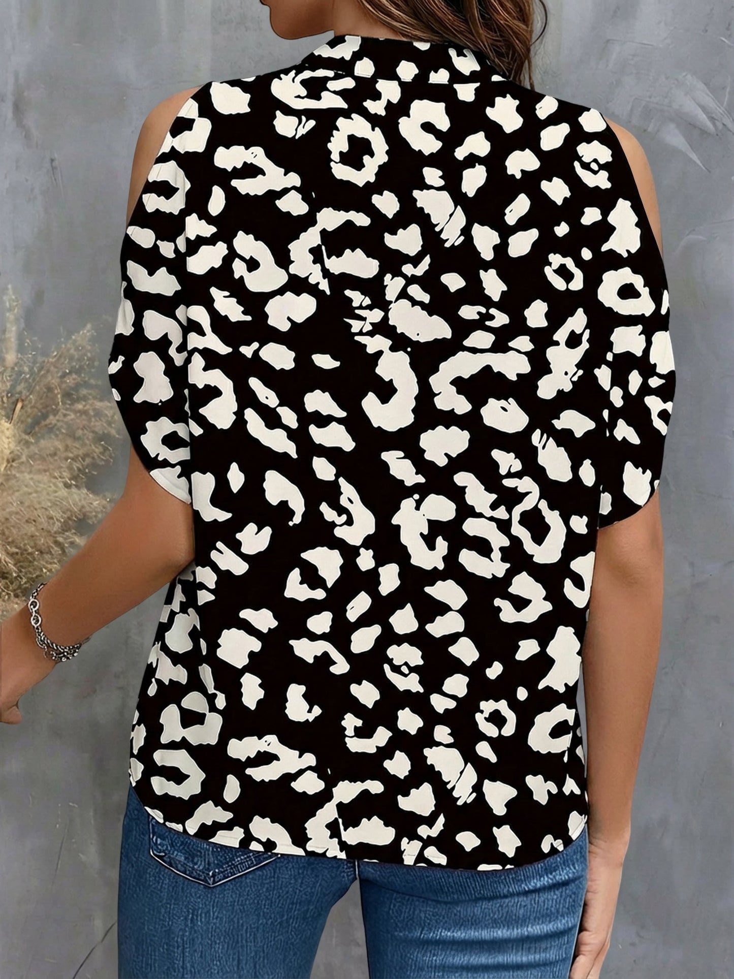 Leopard Print Cold Shoulder Short Sleeves Blouse