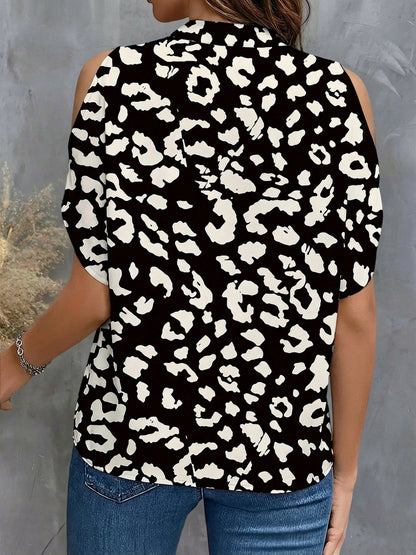 Leopard Print Cold Shoulder Short Sleeves Blouse