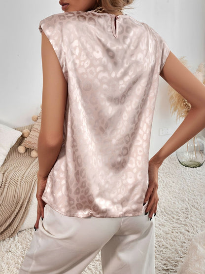 Leopard Print Satin Cap Sleeve Round Neck Blouse