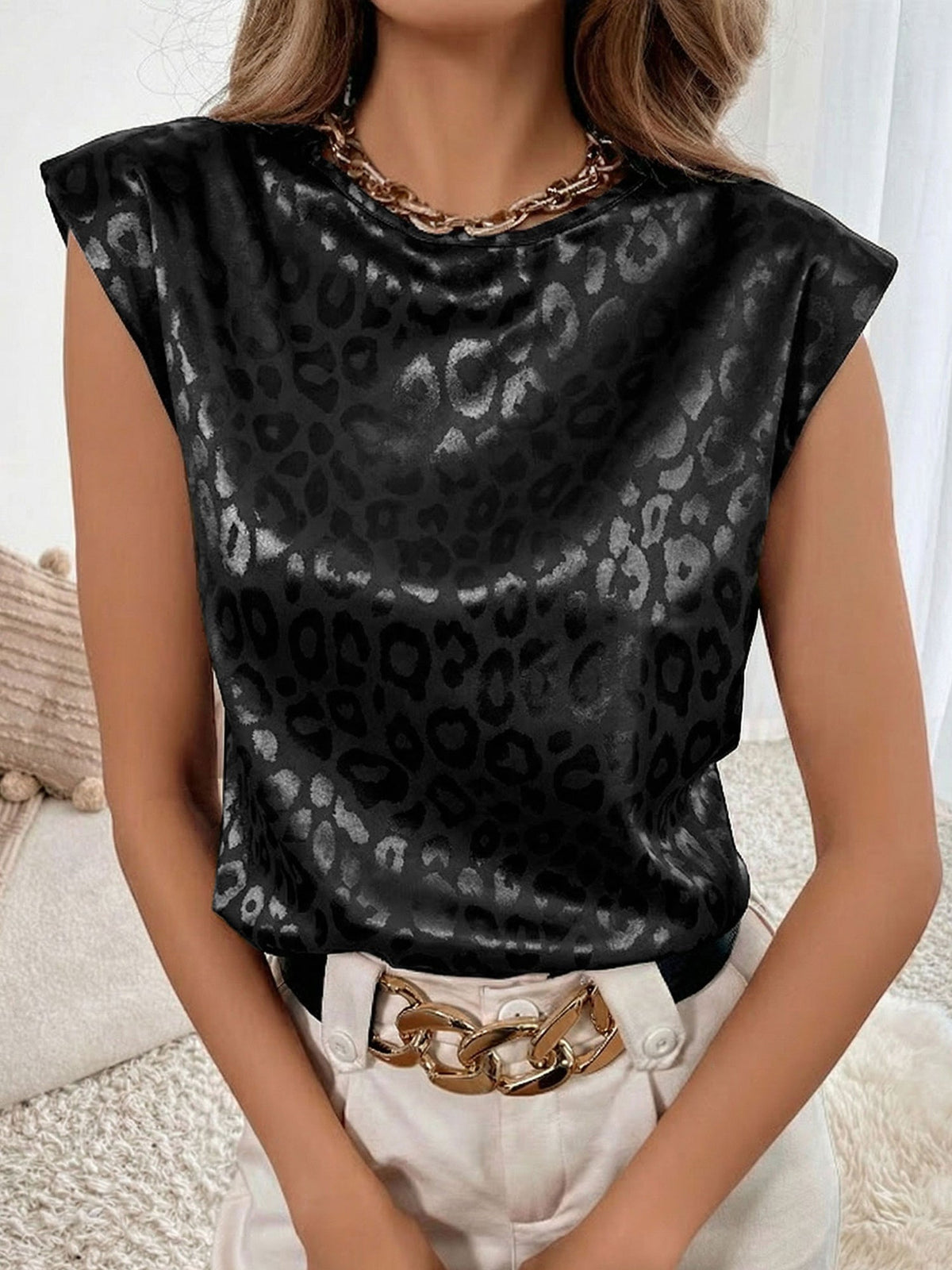 Leopard Print Satin Cap Sleeve Round Neck Blouse