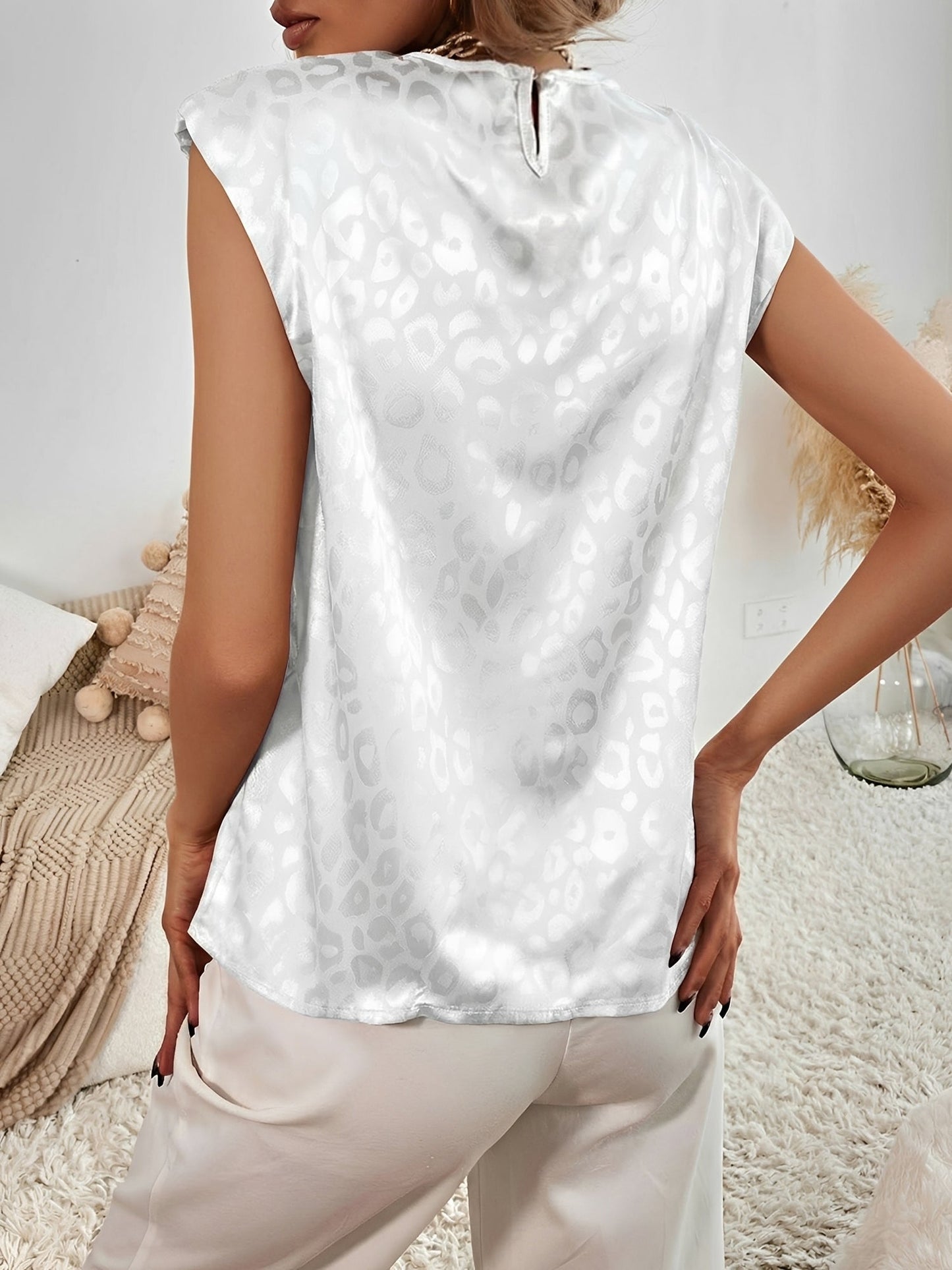 Leopard Print Satin Cap Sleeve Round Neck Blouse