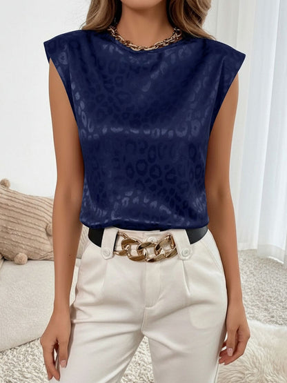 Leopard Print Satin Cap Sleeve Round Neck Blouse