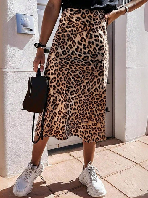 Leopard Print Casual A-Line Midi Skirt