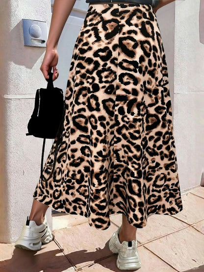 Leopard Print Casual A-Line Midi Skirt