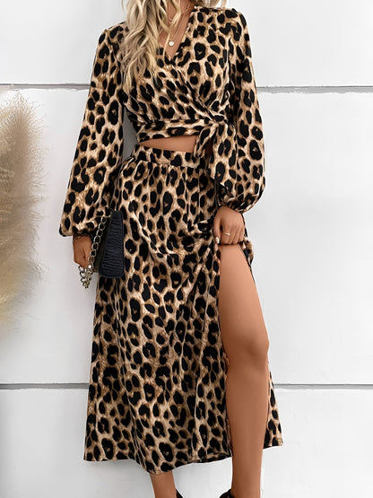 2 Pieces Leopard Print Puff Sleeves Cropped Top & Slit Midi Skirt Matching Set