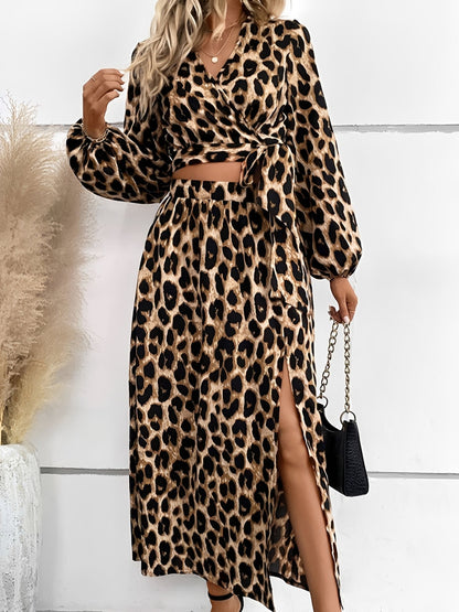 2 Pieces Leopard Print Puff Sleeves Cropped Top & Slit Midi Skirt Matching Set