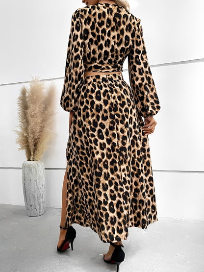 2 Pieces Leopard Print Puff Sleeves Cropped Top & Slit Midi Skirt Matching Set