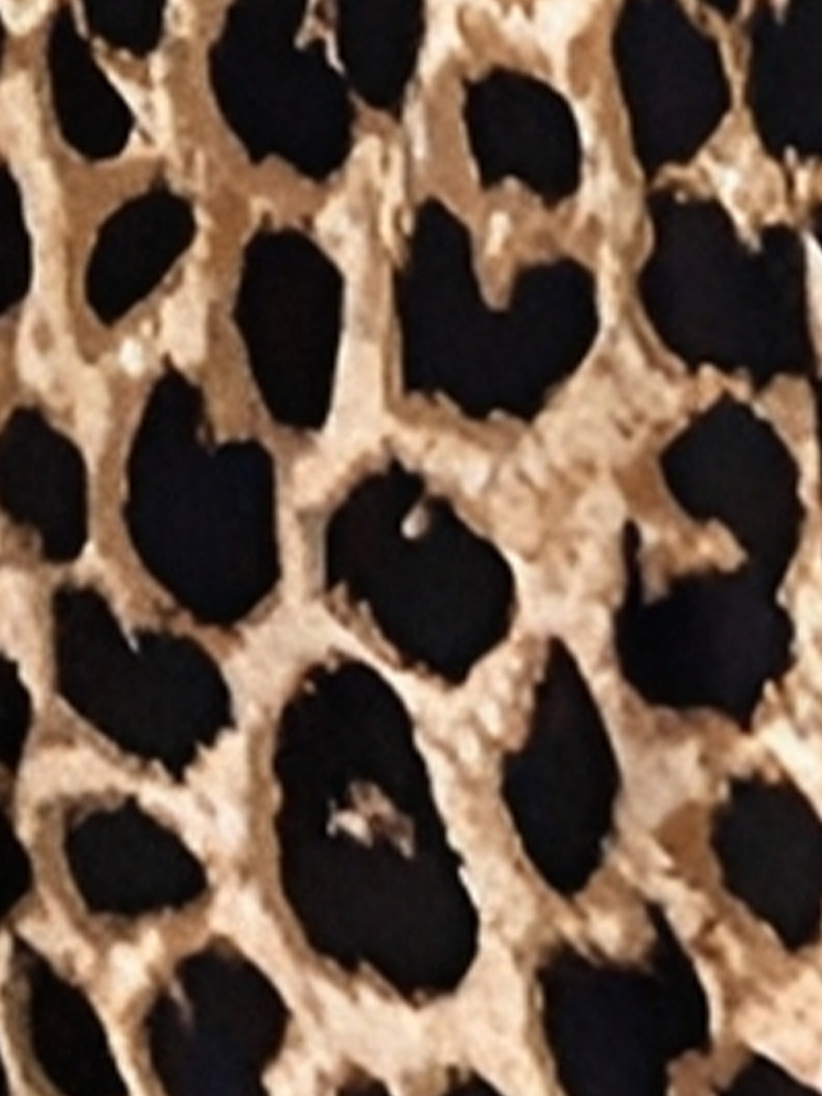 2 Pieces Leopard Print Puff Sleeves Cropped Top & Slit Midi Skirt Matching Set