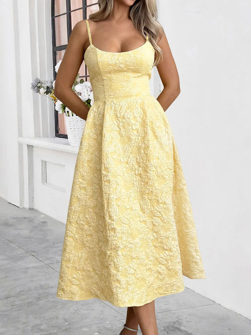 Spaghetti Strap Floral Textured A-Line Midi Dress