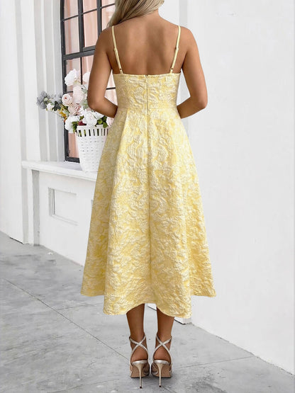 Spaghetti Strap Floral Textured A-Line Midi Dress