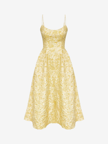 Spaghetti Strap Floral Textured A-Line Midi Dress