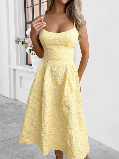 Spaghetti Strap Floral Textured A-Line Midi Dress