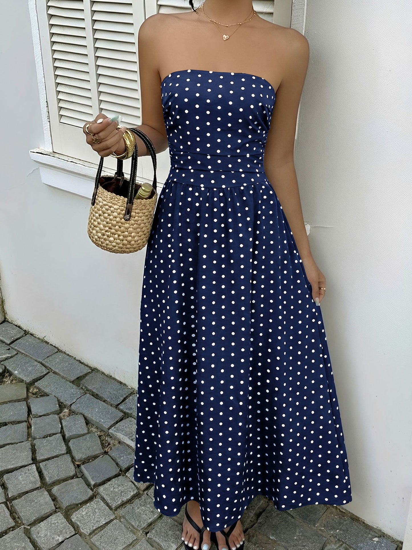 Strapless Polka Dots Smocked Back A-Line Midi Dress