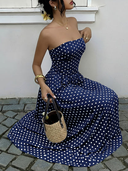 Strapless Polka Dots Smocked Back A-Line Midi Dress