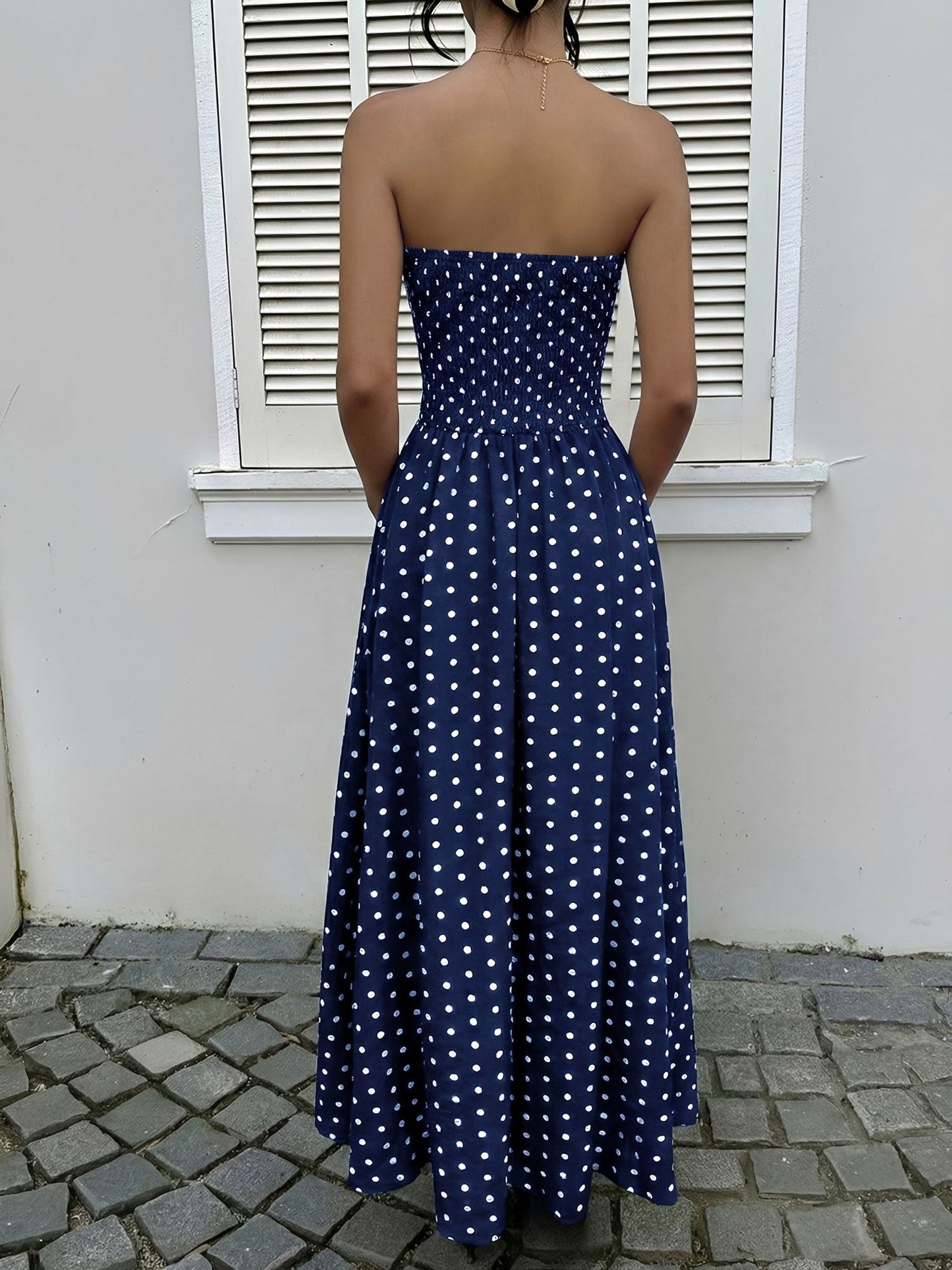 Strapless Polka Dots Smocked Back A-Line Midi Dress