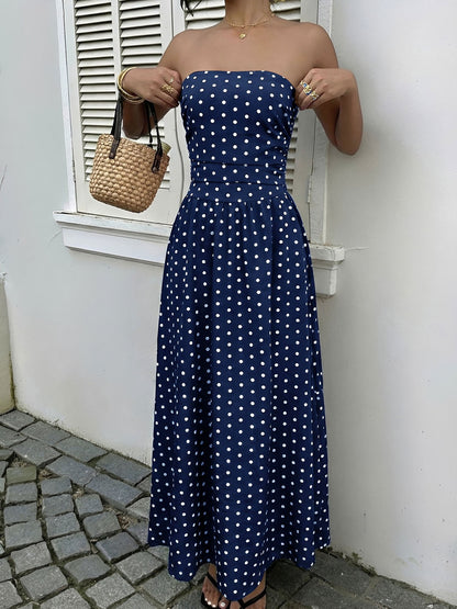 Strapless Polka Dots Smocked Back A-Line Midi Dress