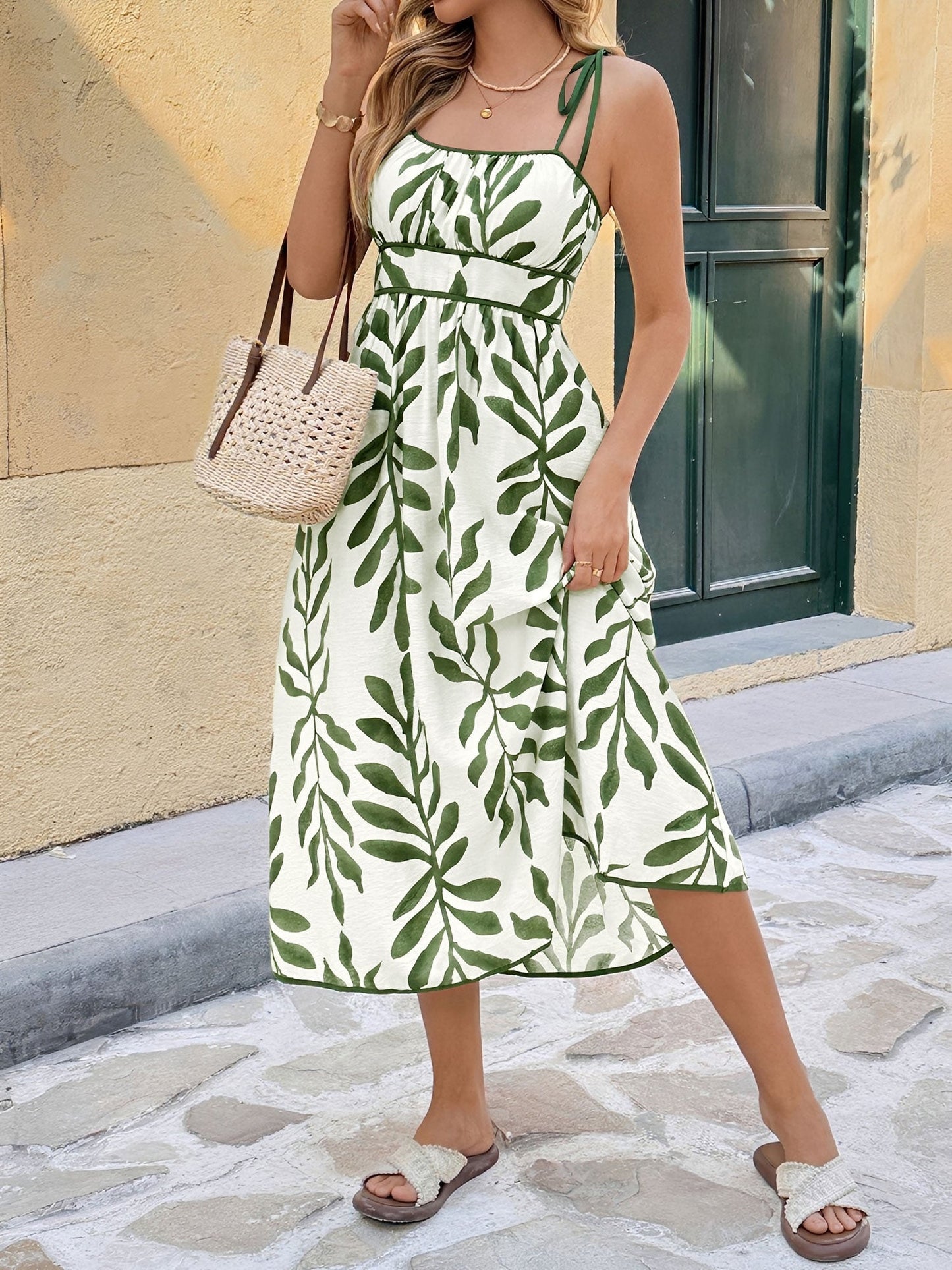 Lace-Up Spaghetti Strap Floral Smocked A-Line Midi Dress