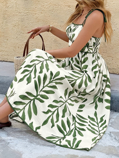 Lace-Up Spaghetti Strap Floral Smocked A-Line Midi Dress