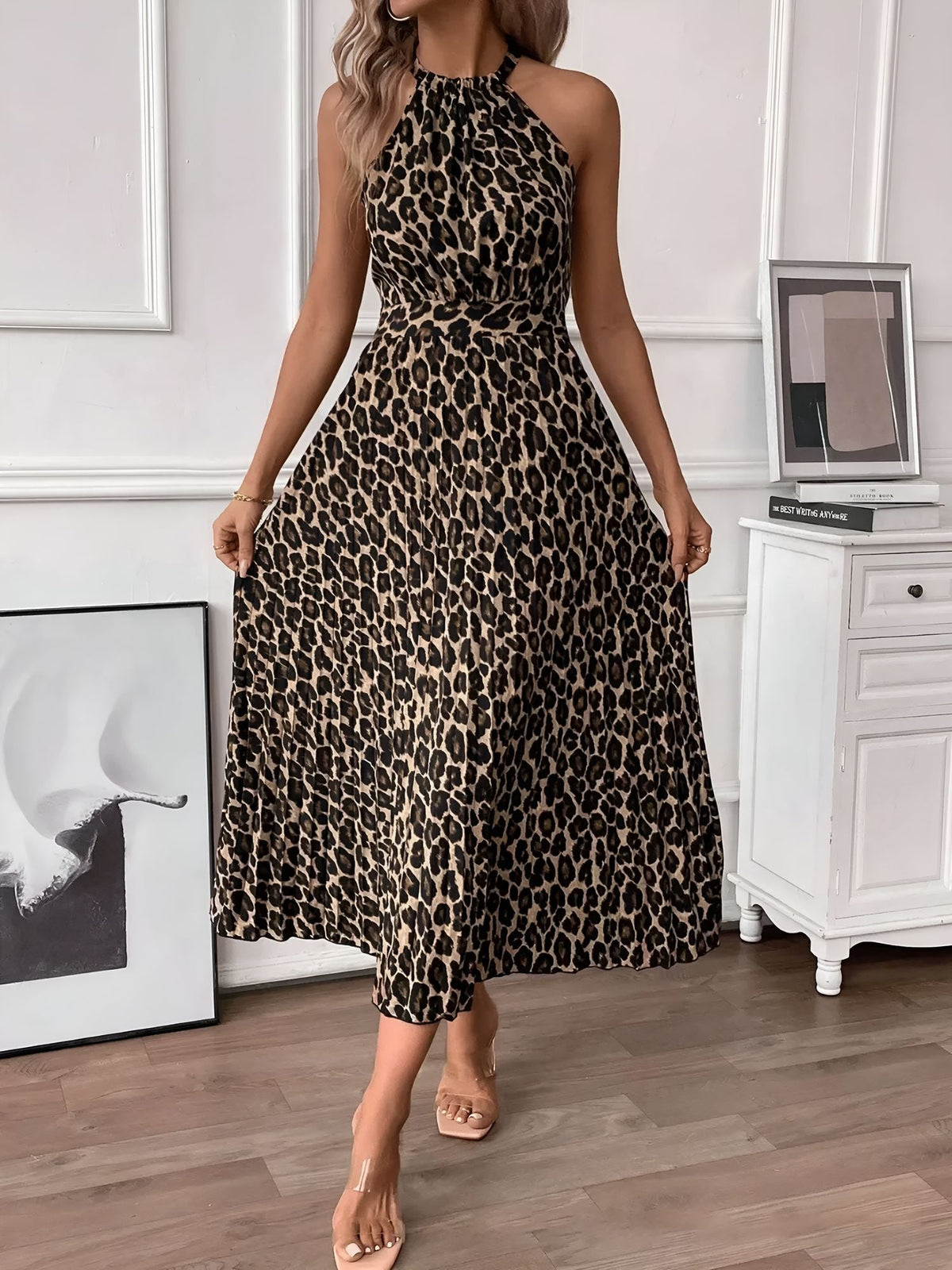 Halter Neck Leopard Print Pleated A-Line Midi Dress