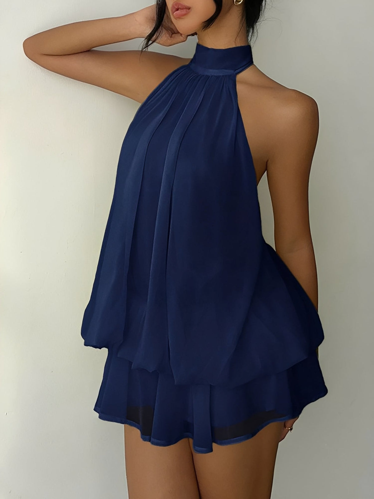 Backless Halter Neck Ruffled Sleeveless Mini Dress