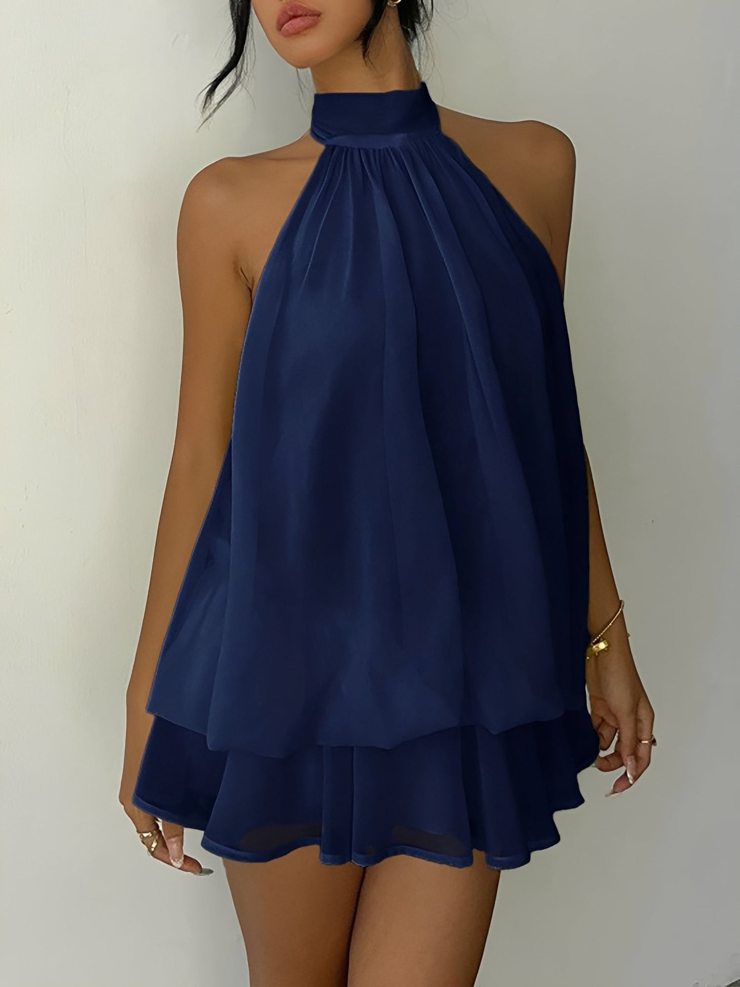 Backless Halter Neck Ruffled Sleeveless Mini Dress