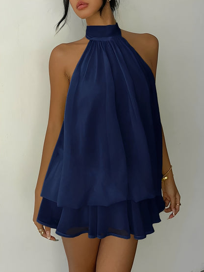 Backless Halter Neck Ruffled Sleeveless Mini Dress