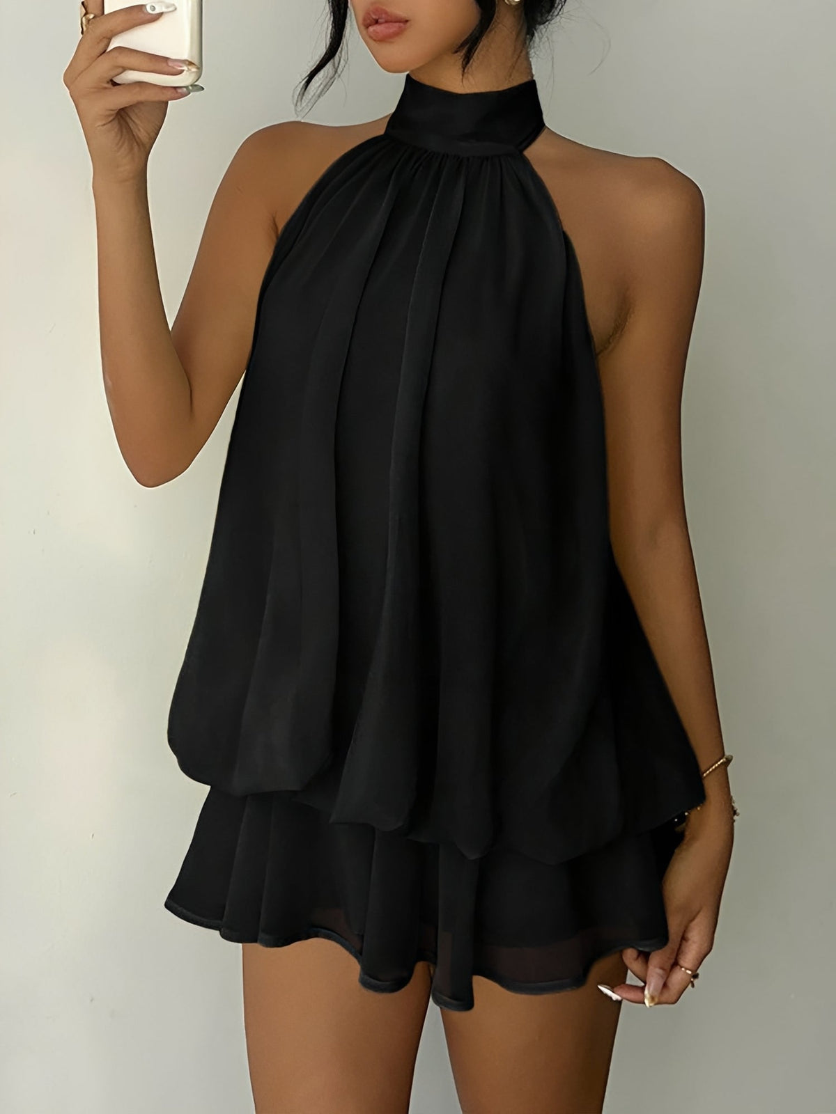 Backless Halter Neck Ruffled Sleeveless Mini Dress