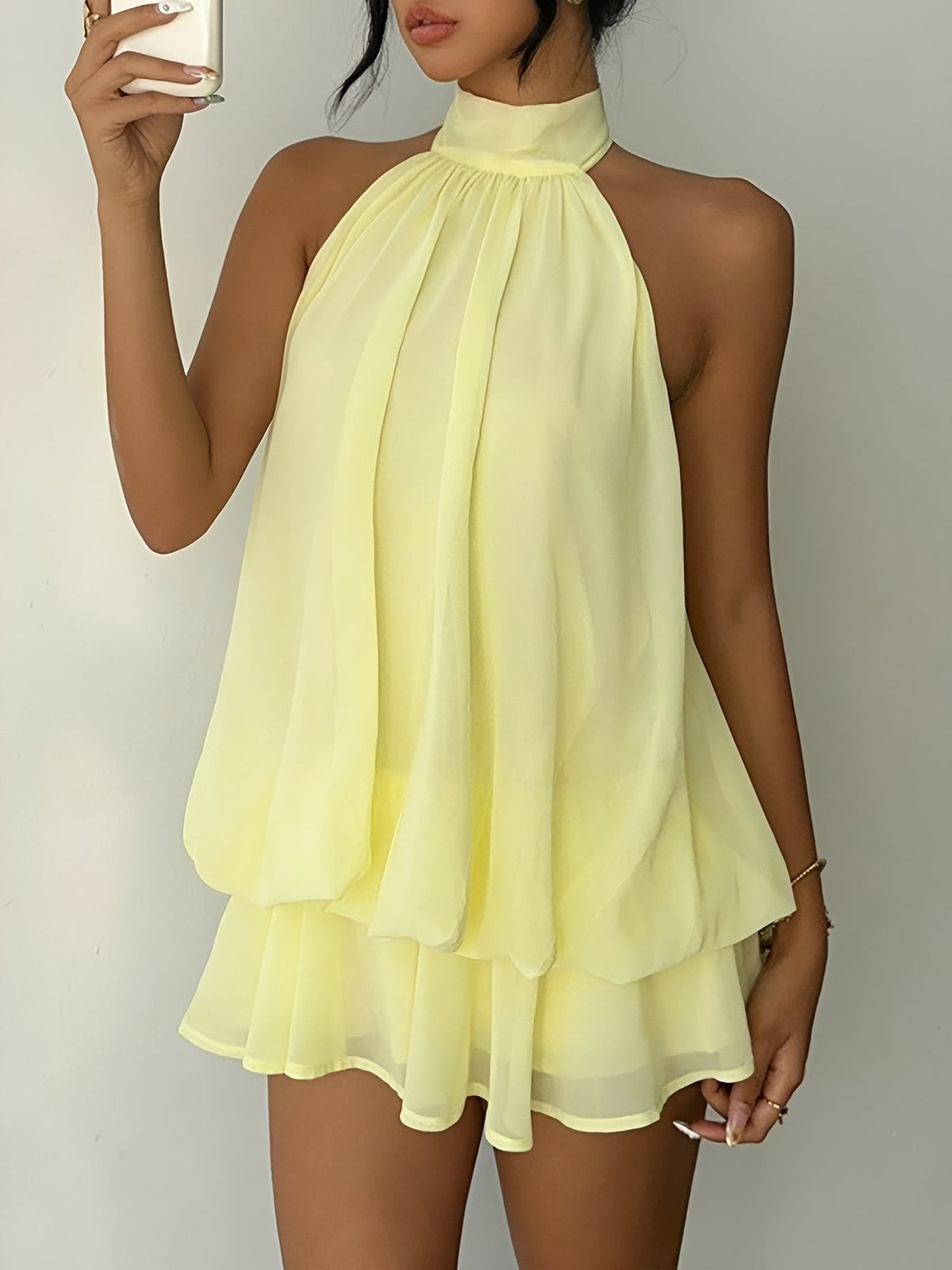 Backless Halter Neck Ruffled Sleeveless Mini Dress