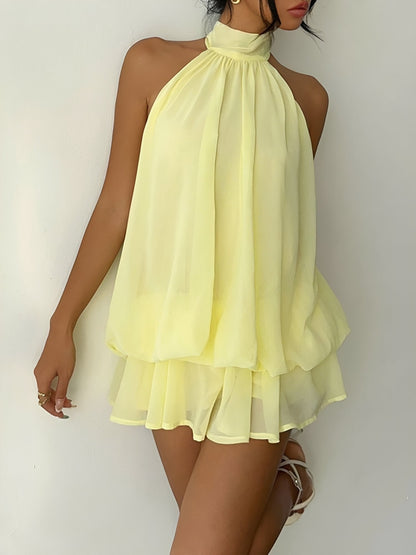 Backless Halter Neck Ruffled Sleeveless Mini Dress