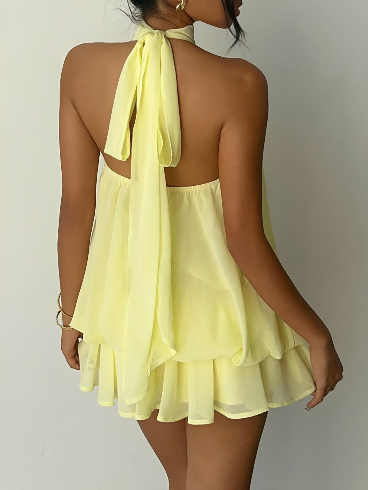 Backless Halter Neck Ruffled Sleeveless Mini Dress