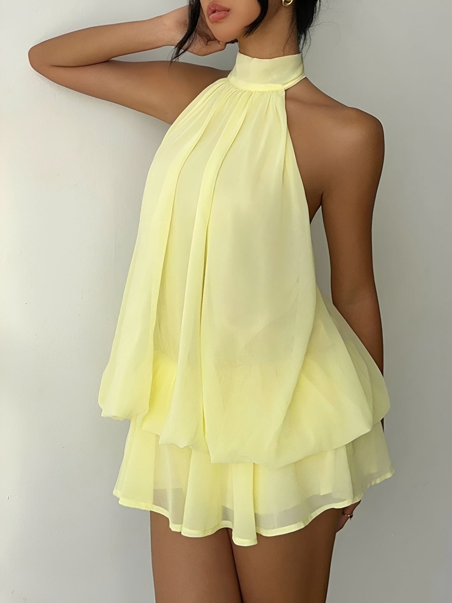 Backless Halter Neck Ruffled Sleeveless Mini Dress