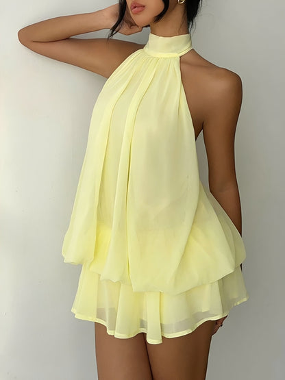 Backless Halter Neck Ruffled Sleeveless Mini Dress
