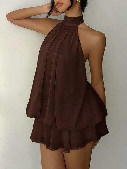 Backless Halter Neck Ruffled Sleeveless Mini Dress