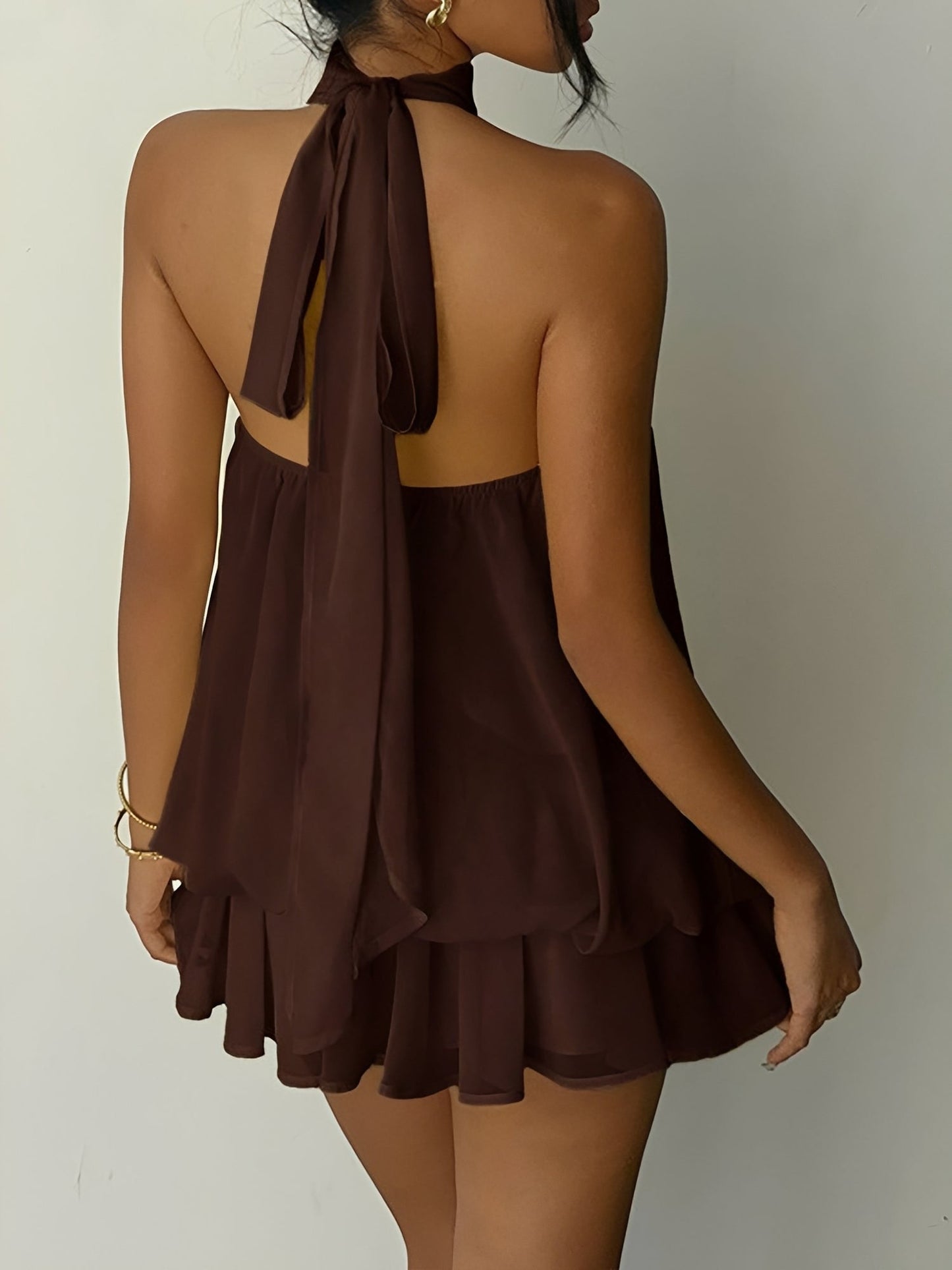 Backless Halter Neck Ruffled Sleeveless Mini Dress