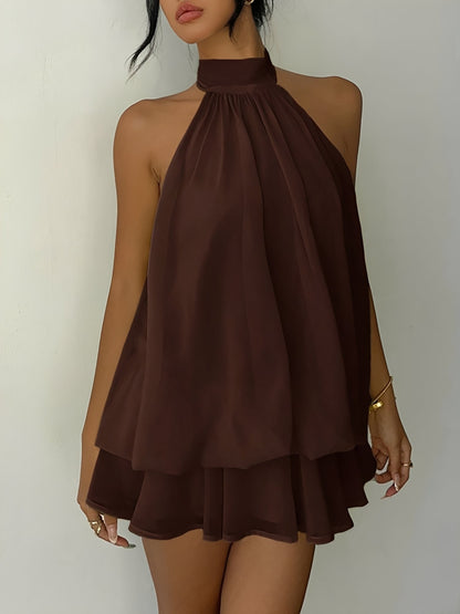 Backless Halter Neck Ruffled Sleeveless Mini Dress