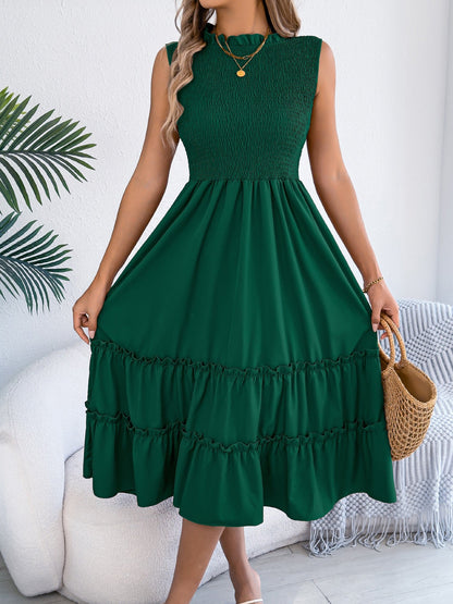 Ruffled Sleeveless Smocked Tiered A-Line Midi Dress