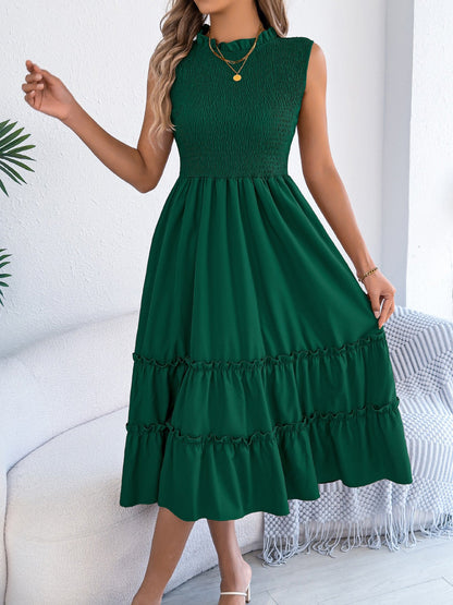 Ruffled Sleeveless Smocked Tiered A-Line Midi Dress