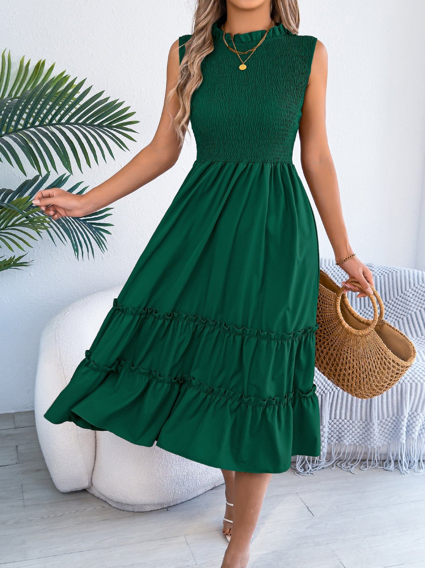 Ruffled Sleeveless Smocked Tiered A-Line Midi Dress