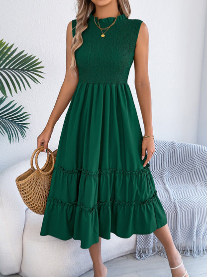 Ruffled Sleeveless Smocked Tiered A-Line Midi Dress