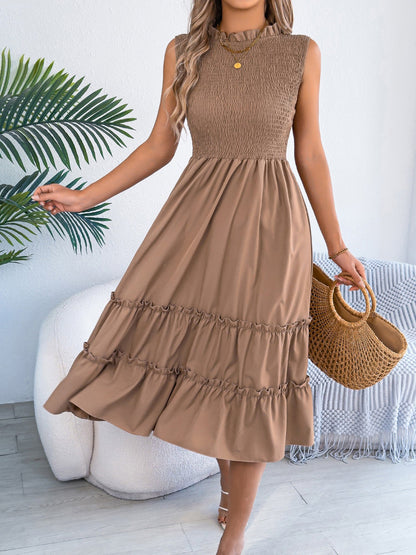 Ruffled Sleeveless Smocked Tiered A-Line Midi Dress