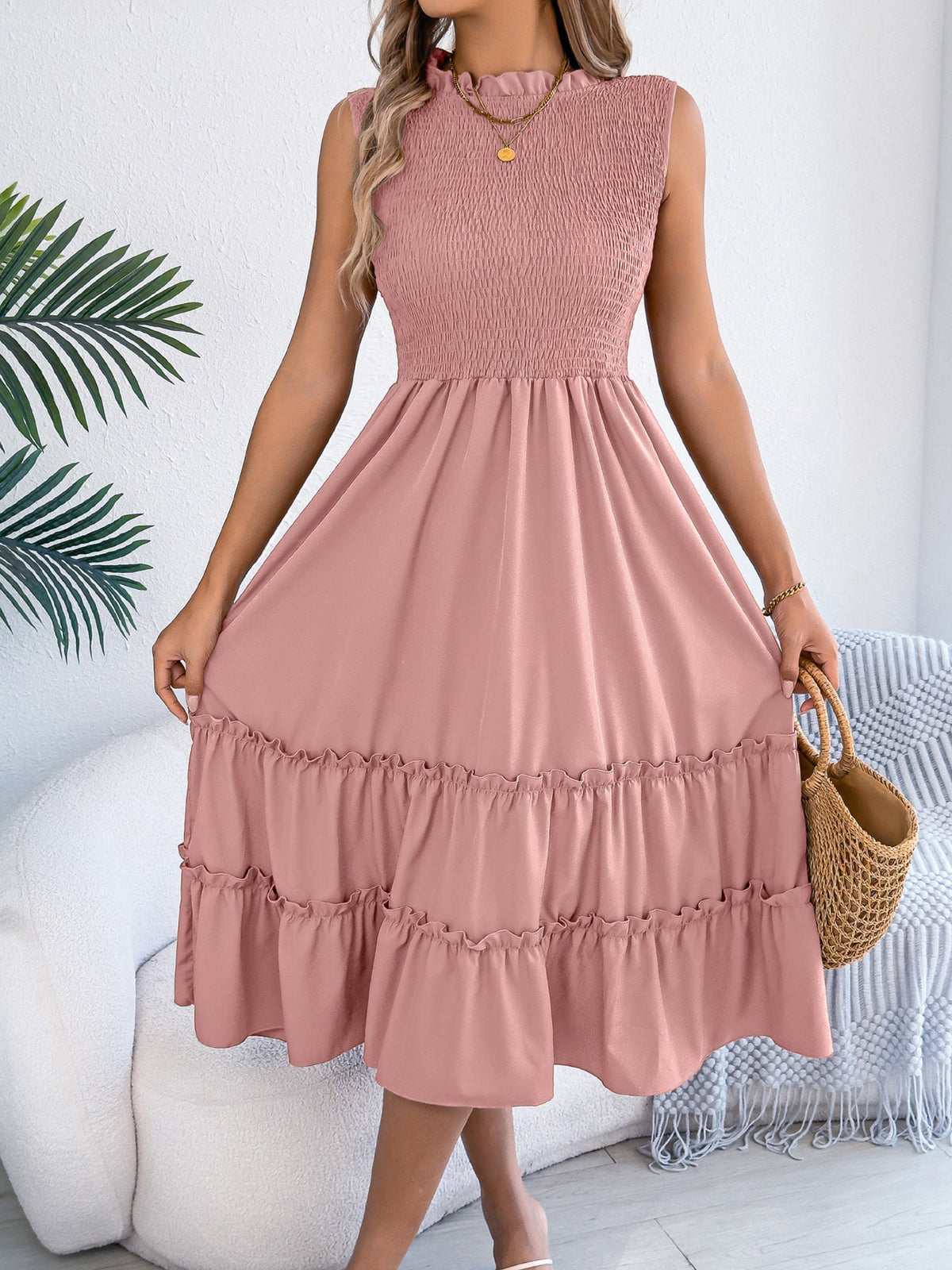 Ruffled Sleeveless Smocked Tiered A-Line Midi Dress