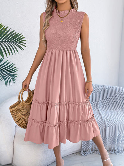 Ruffled Sleeveless Smocked Tiered A-Line Midi Dress