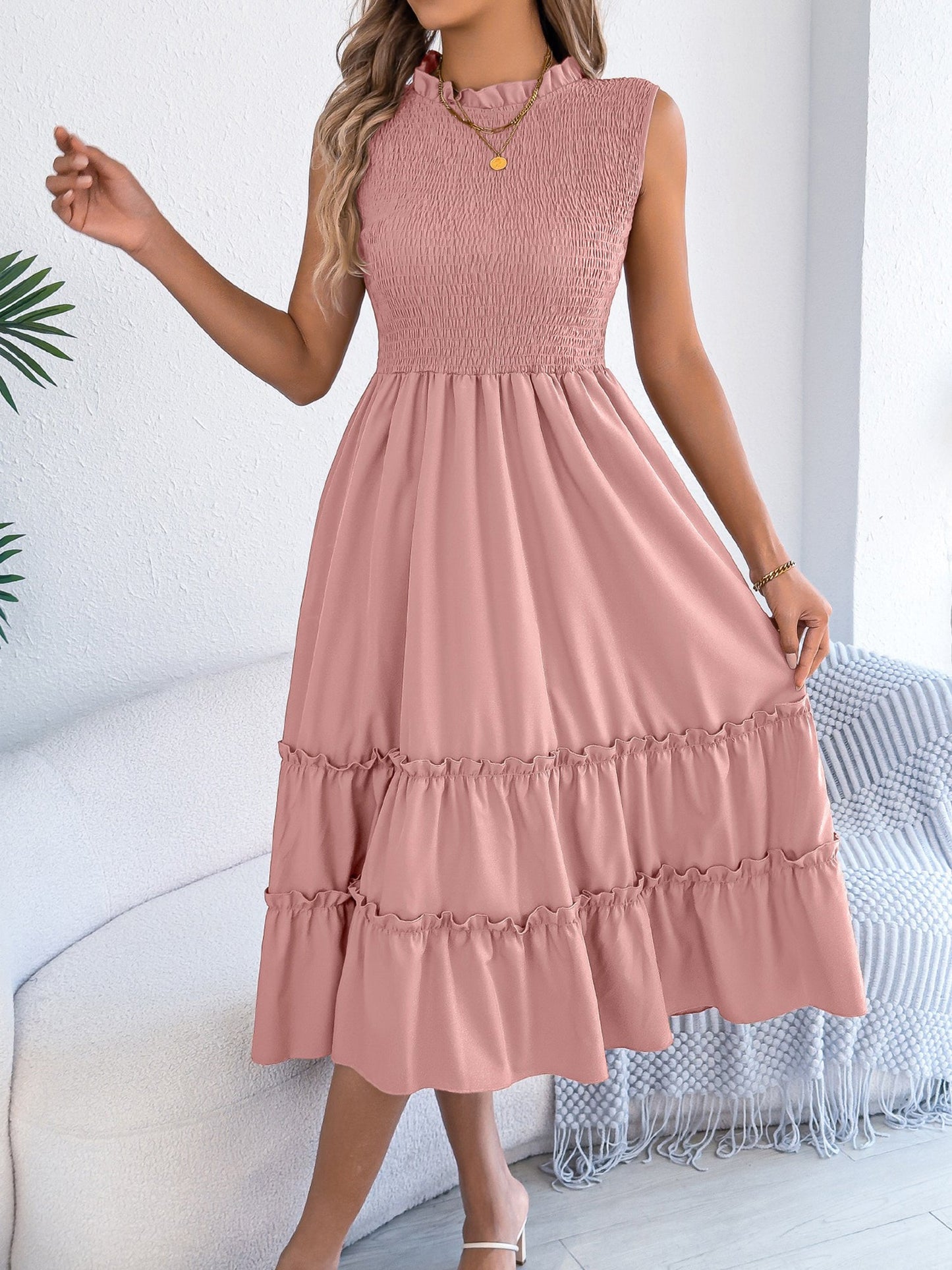 Ruffled Sleeveless Smocked Tiered A-Line Midi Dress