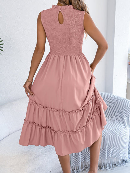 Ruffled Sleeveless Smocked Tiered A-Line Midi Dress