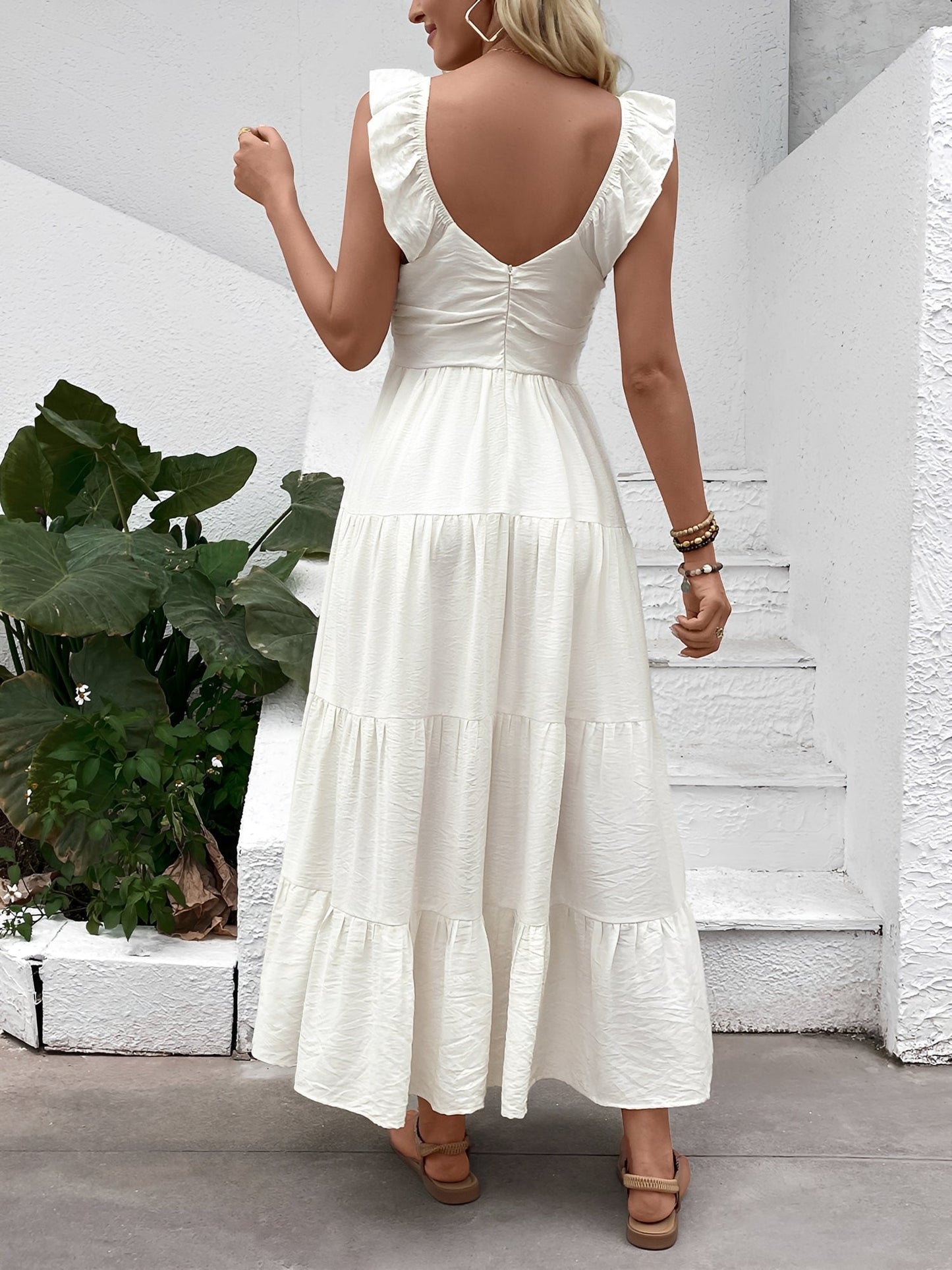Resort Style Sleeveless V Neck Tiered Long Dress
