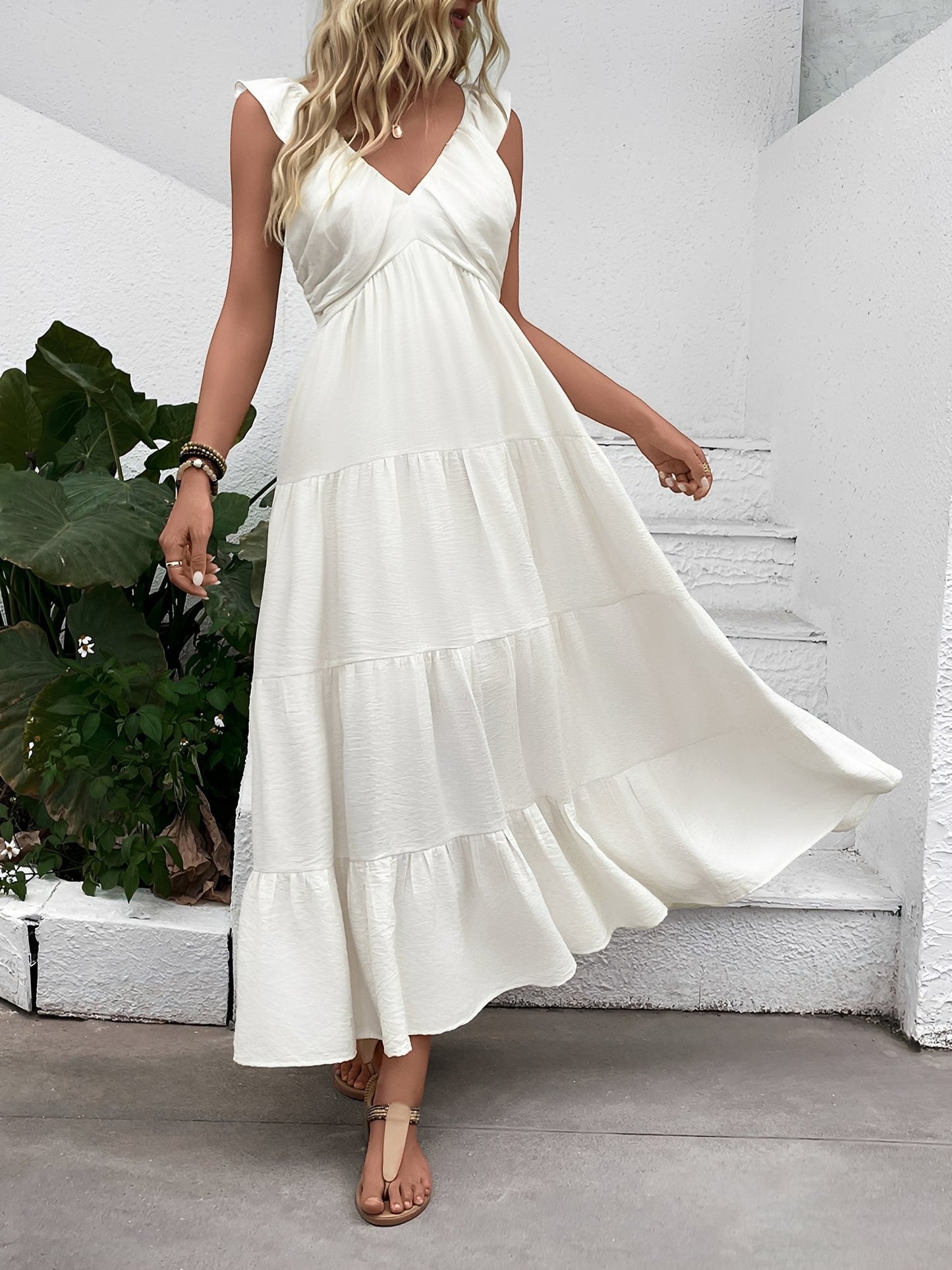 Resort Style Sleeveless V Neck Tiered Long Dress