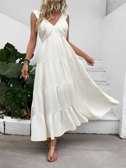 Resort Style Sleeveless V Neck Tiered Long Dress