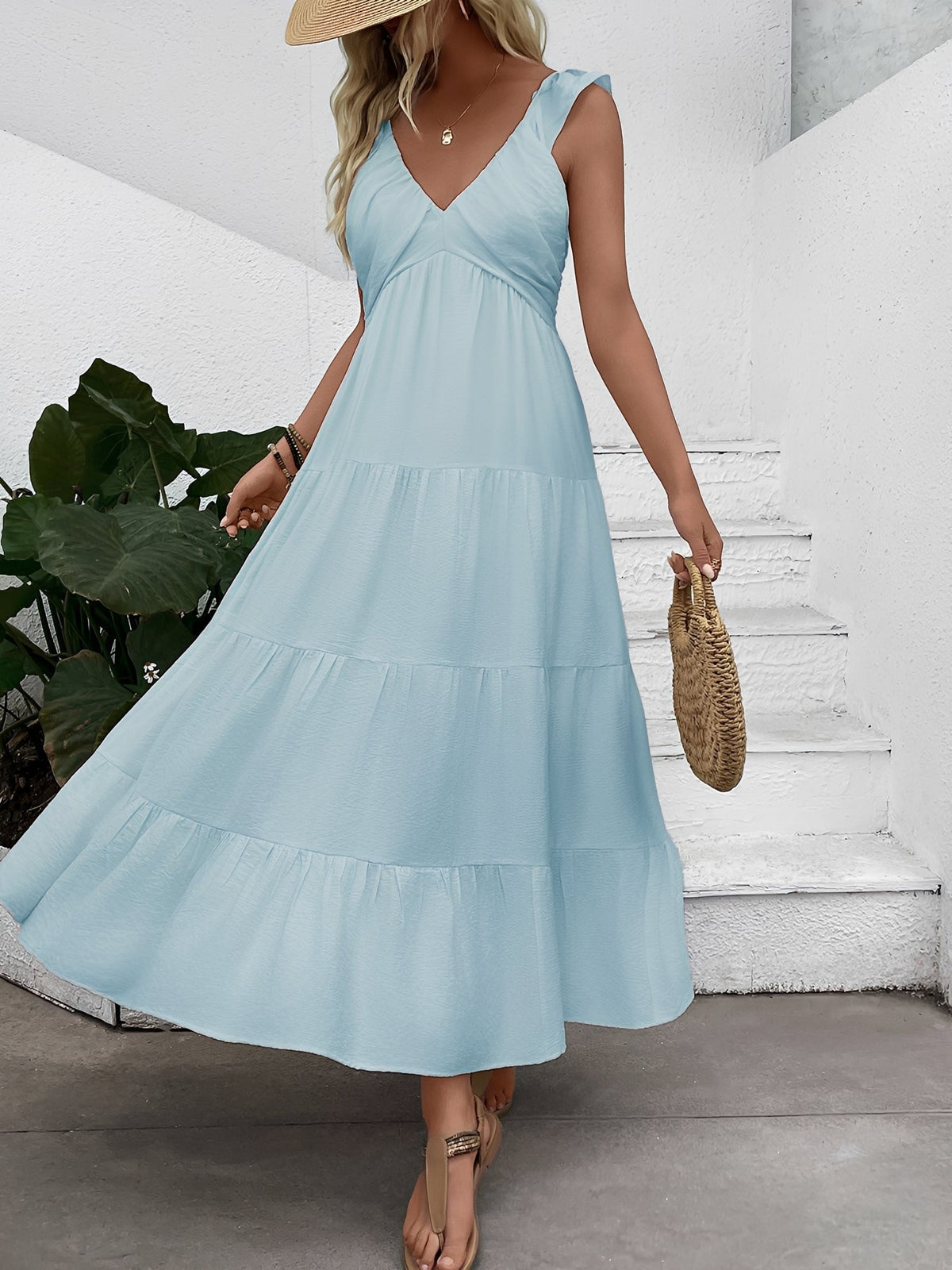 Resort Style Sleeveless V Neck Tiered Long Dress