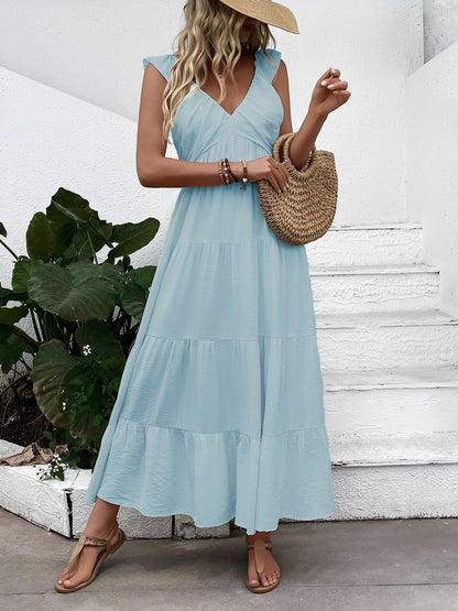 Resort Style Sleeveless V Neck Tiered Long Dress