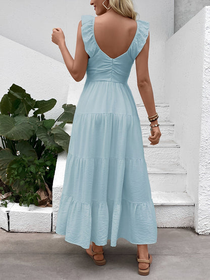 Resort Style Sleeveless V Neck Tiered Long Dress